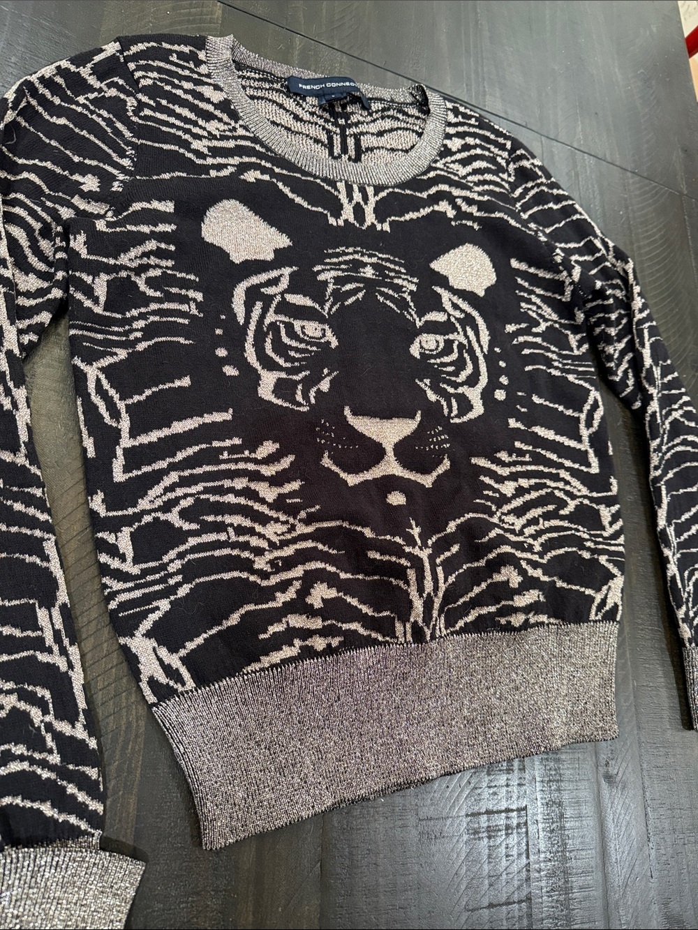 French Connection Metallic Black and Beige Tiger Motif Crewneck Sweater Size L